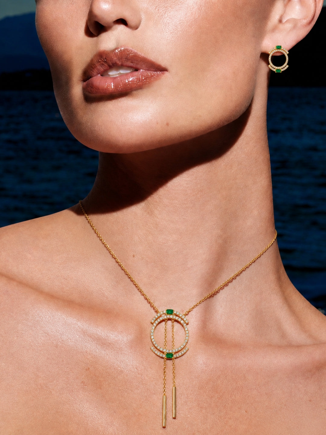 Isabeau" Double Halo Necklace & Earring Set — 18K Gold Plated with Emerald Baguette Accents