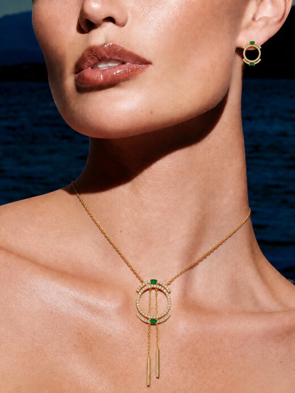 Isabeau" Double Halo Necklace & Earring Set — 18K Gold Plated with Emerald Baguette Accents