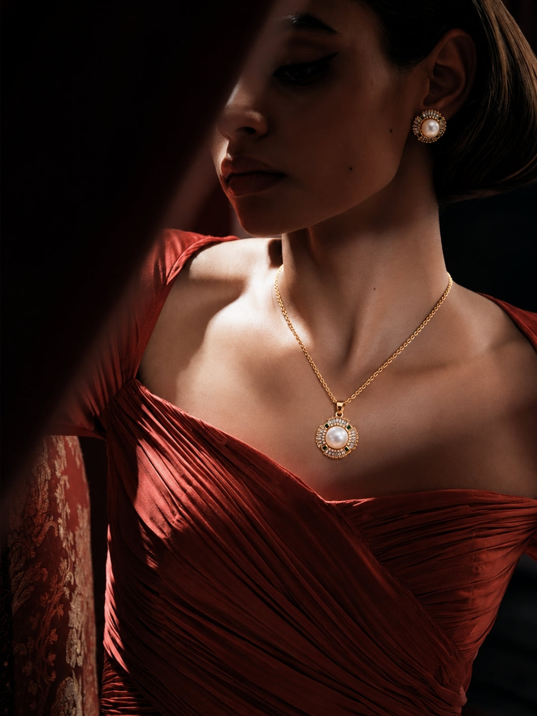 Girandola Pearl Baguette Necklace & Earring Set, view 8