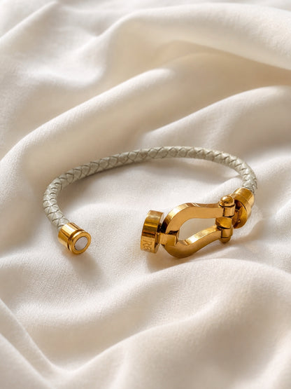 Unisex White Braided Leather Gold Magnetic Bracelet
