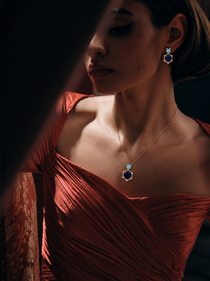 Cobalto Navy Halo Necklace & Earring Set, 18K Gold-Plated