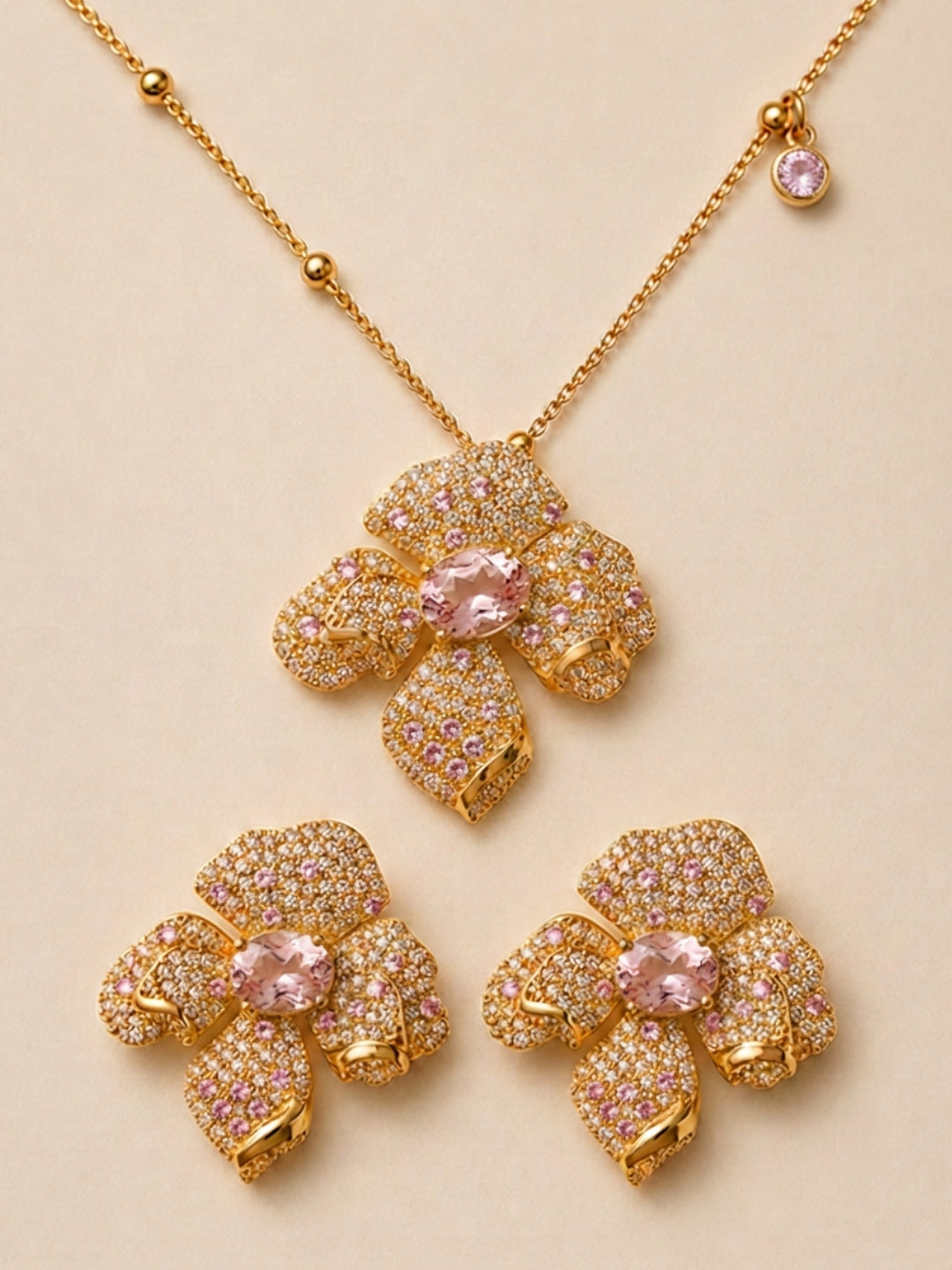 Boccio Pink Pavé Flower Necklace & Earring Set, 18K Gold-Plated