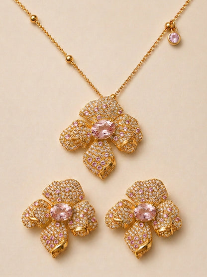Boccio Pink Pavé Flower Necklace & Earring Set, 18K Gold-Plated