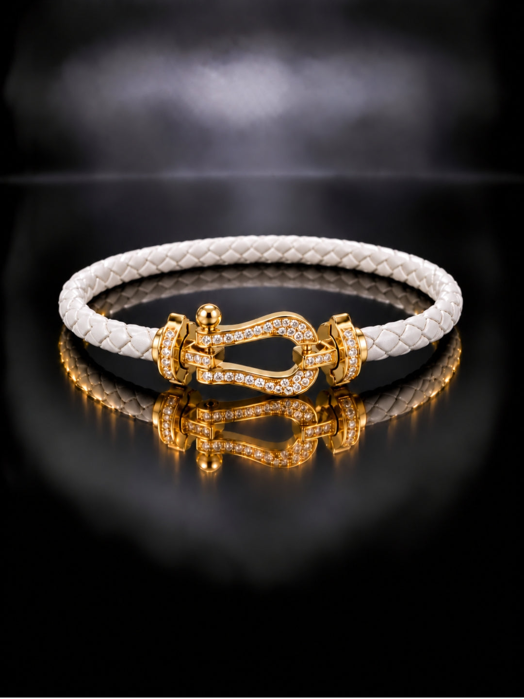 White Studded Braided Leather Gold Magnetic Bracelet -18KT Gold Plated