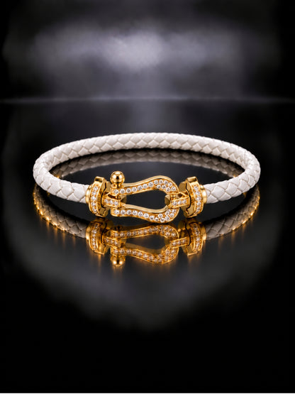 White Studded Braided Leather Gold Magnetic Bracelet -18KT Gold Plated