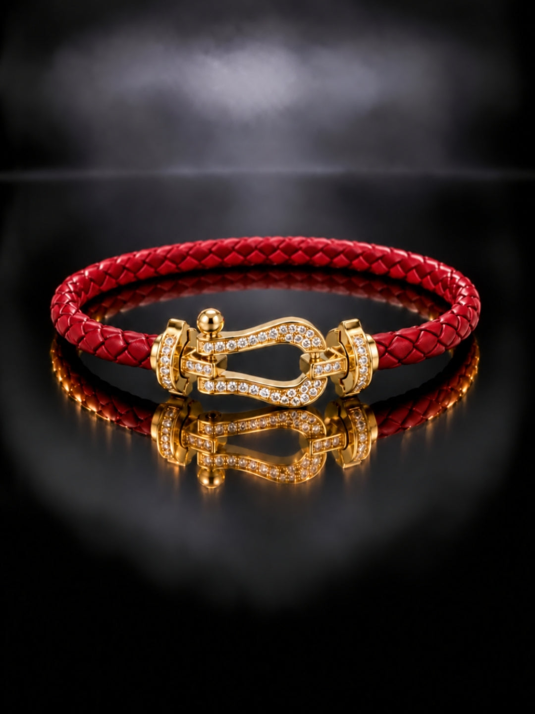 Red Studded Braided Leather Gold Magnetic Bracelet -18KT Gold Plated