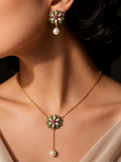 Margherita Floral Pearl Drop Necklace & Earring Set, 18K Gold-Plated
