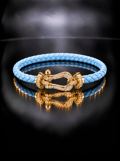 Sky Blue Studded Braided Leather Gold Magnetic Bracelet -18KT Gold Plated