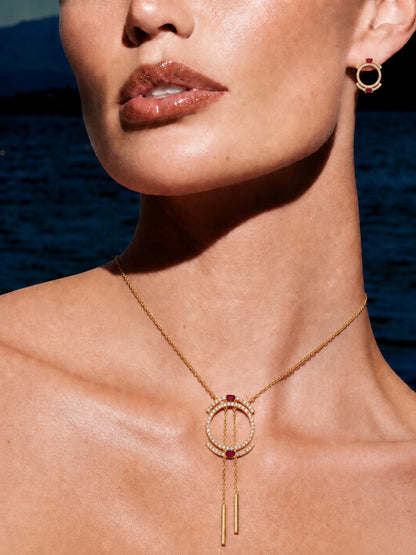 "Aurélie" Double Halo Necklace & Earring Set — 18K Gold Plated with Ruby Baguette Accents
