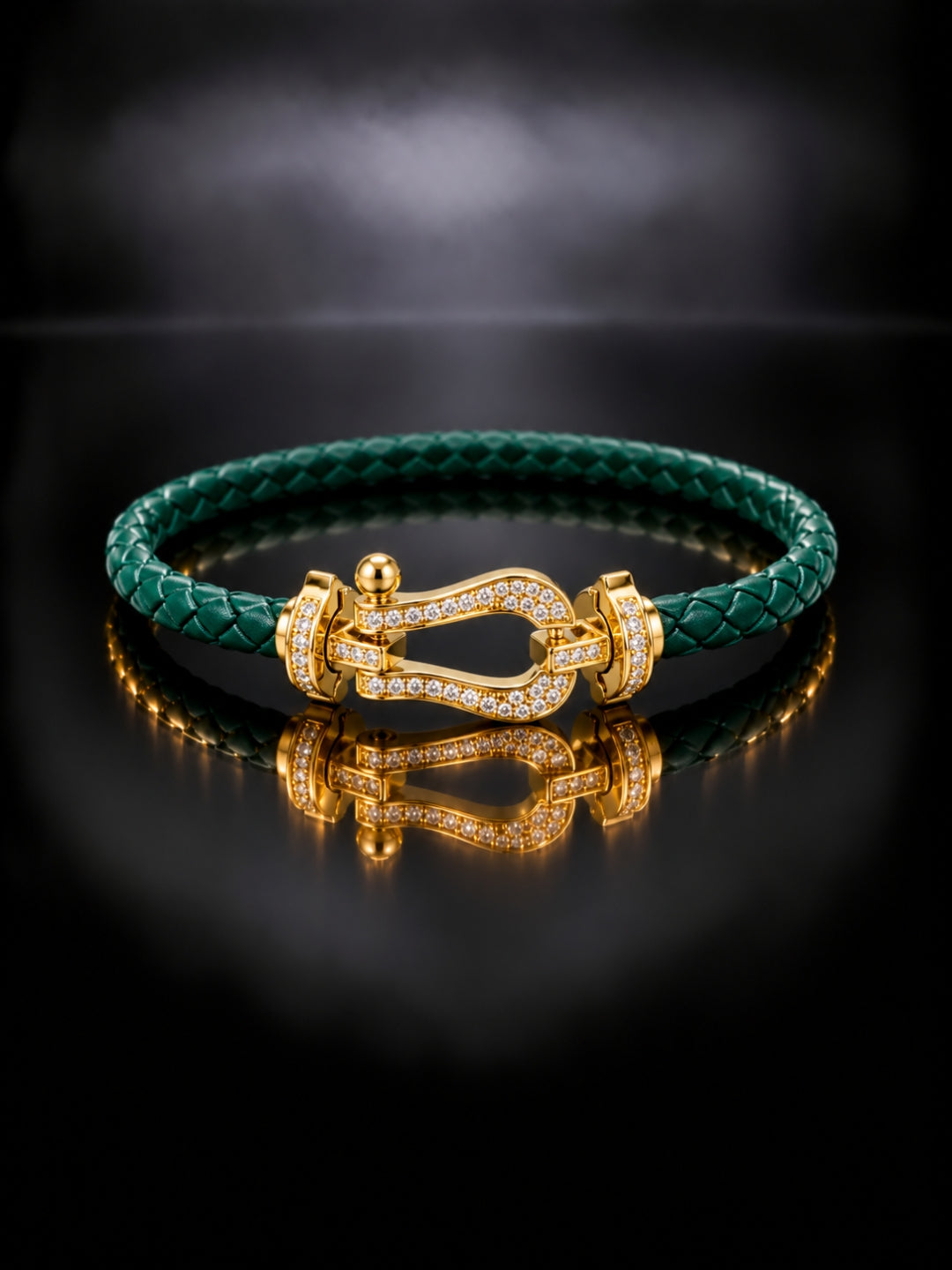 Emerald Studded Braided Leather Gold Magnetic Bracelet -18KT Gold Plated