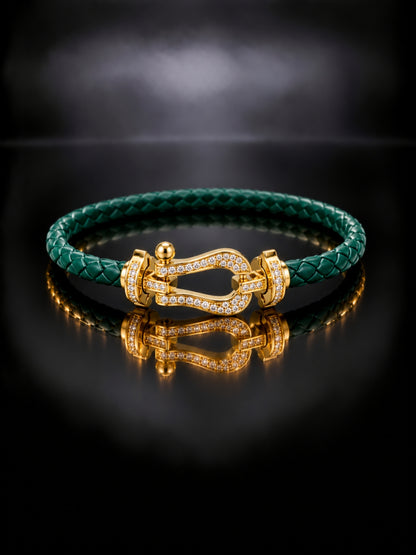 Emerald Studded Braided Leather Gold Magnetic Bracelet -18KT Gold Plated