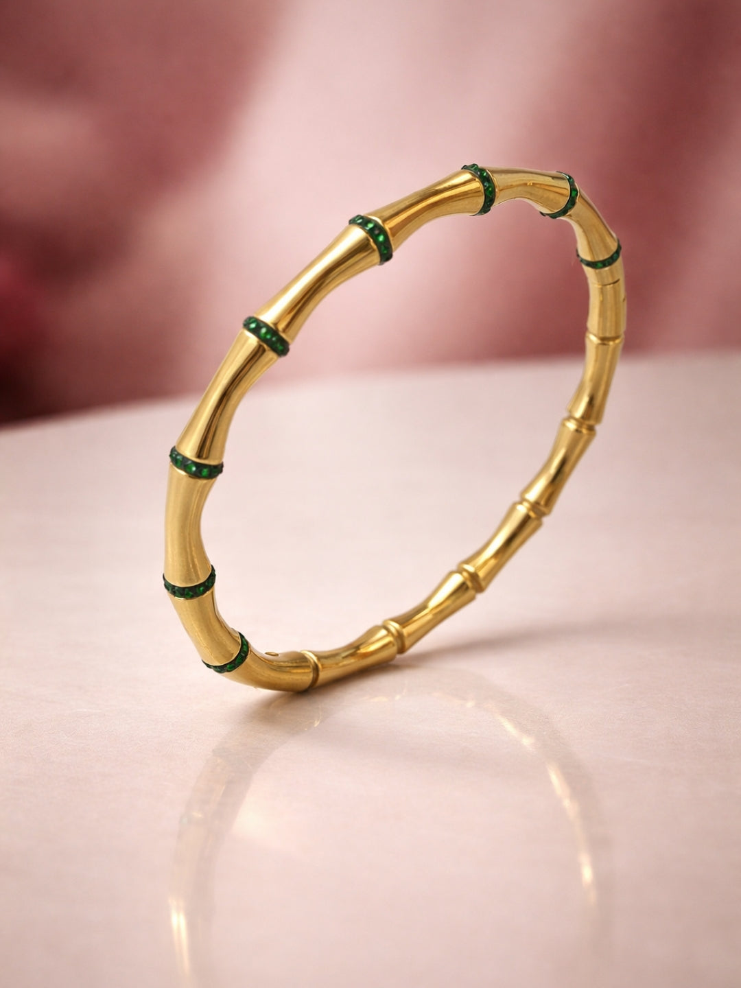 Emerald CZ Bamboo Cuff Bracelet in 18K Gold Plated Stainless Steel