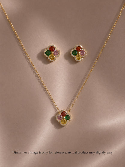 Gioia Multicolor Halo Necklace & Earring Set, 18K Gold-Plated