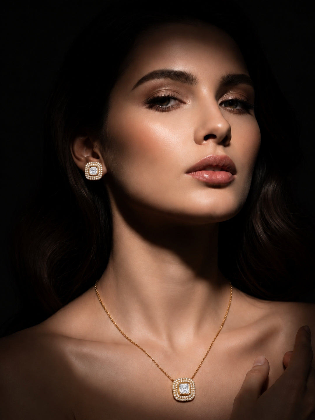 Charlotte Cushion-Cut Crystal Halo Set — 18K Gold Plated with Austrian Crystal