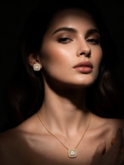 Charlotte Cushion-Cut Crystal Halo Set — 18K Gold Plated with Austrian Crystal