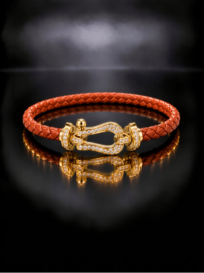 Rust Studded Braided Leather Gold Magnetic Bracelet -18KT Gold Plated
