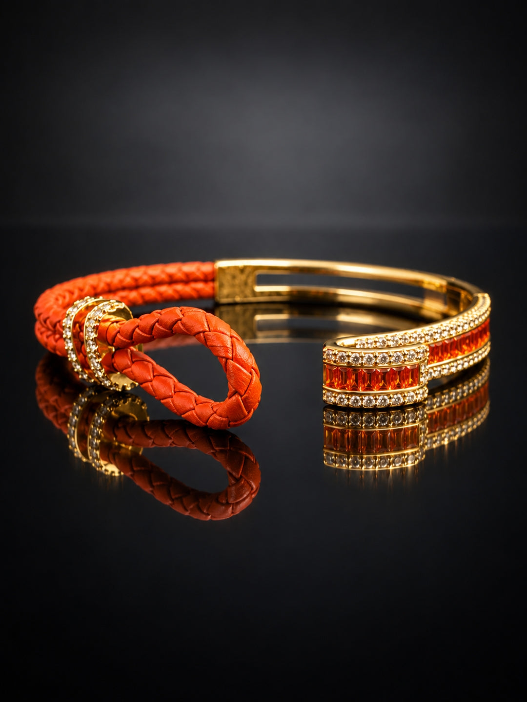 Rust Studded Leather Band Cuff - 18KT Gold Plated