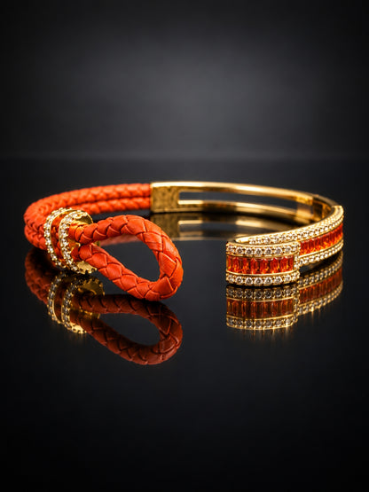 Rust Studded Leather Band Cuff - 18KT Gold Plated
