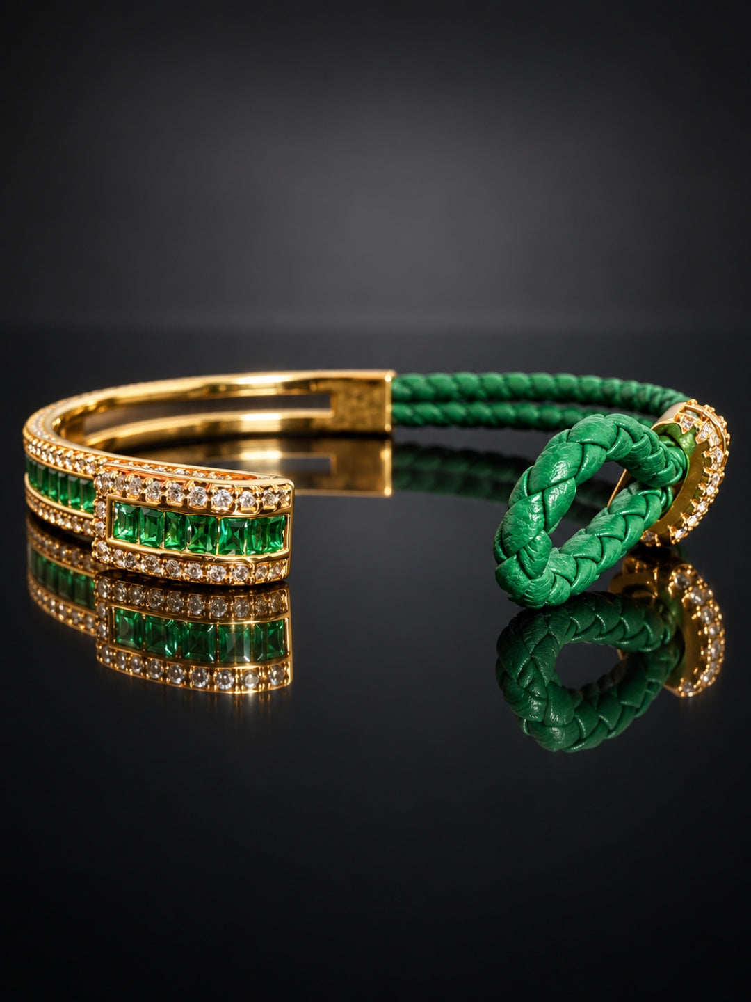 Emerald Studded Leather Band Cuff - 18KT Gold Plated