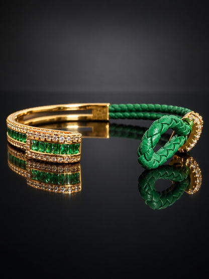 Emerald Studded Leather Band Cuff - 18KT Gold Plated