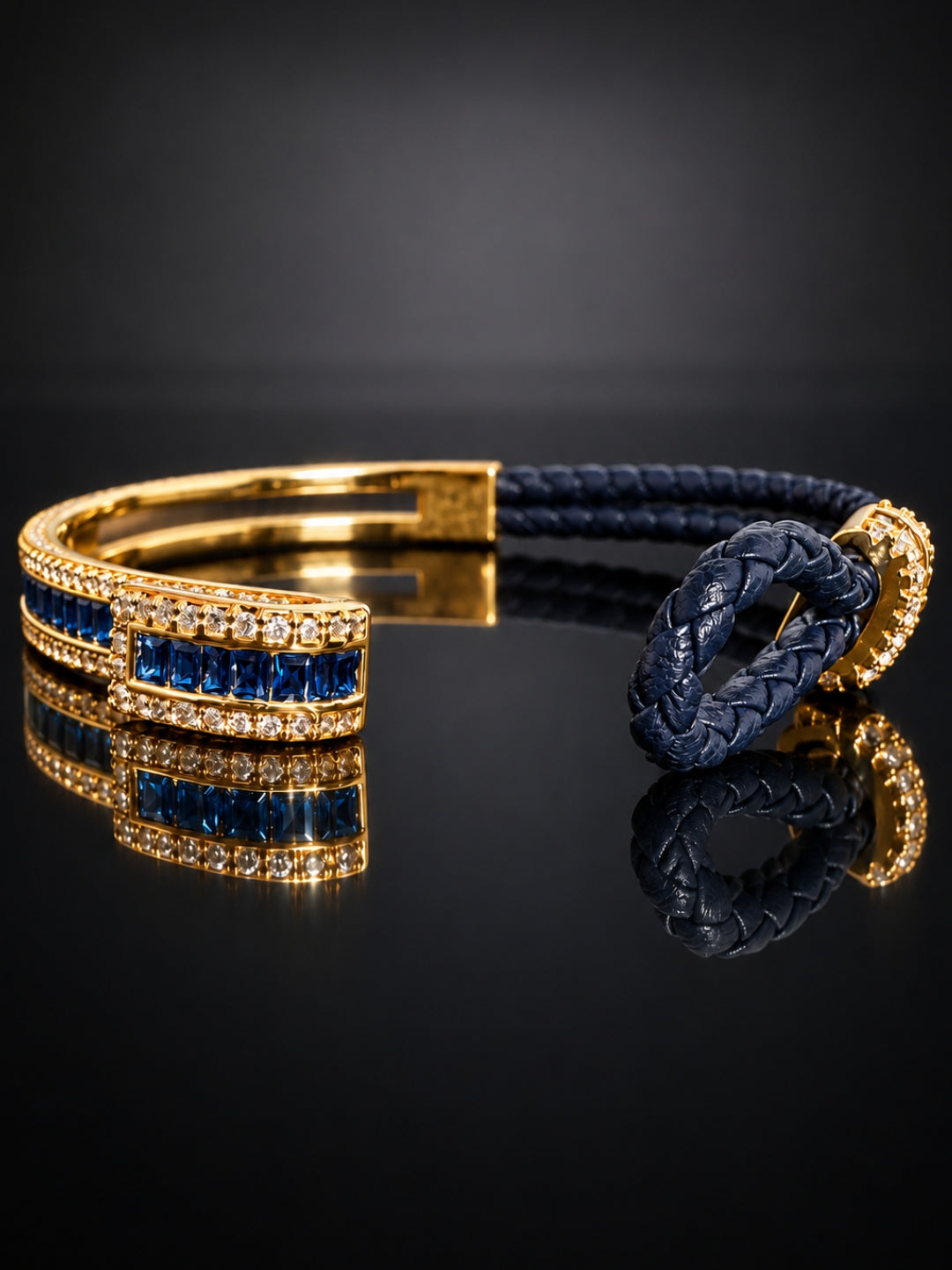 Navy Studded leather Band Cuff  - 18KT Gold Plated