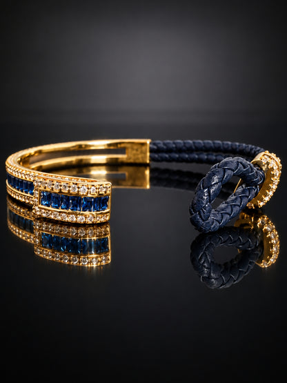 Navy Studded leather Band Cuff  - 18KT Gold Plated