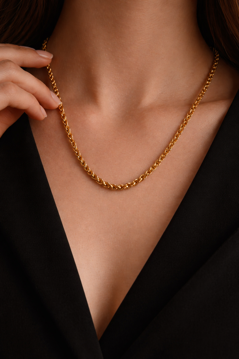 18K Gold Plated Long Twisted Chain Necklace – Stainless Steel