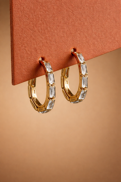 18K Gold Baguette CZ Hoop Earrings