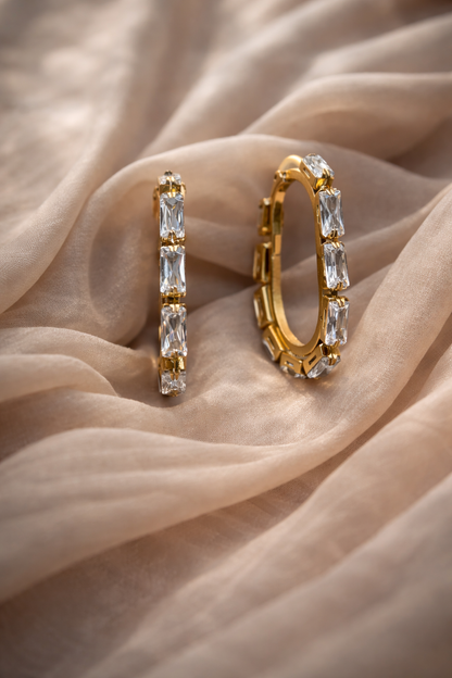 18K Gold Baguette CZ Hoop Earrings