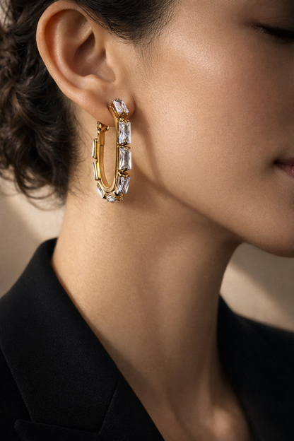 18K Gold Baguette CZ Hoop Earrings