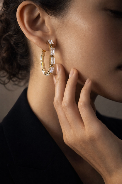 18K Gold Baguette CZ Hoop Earrings