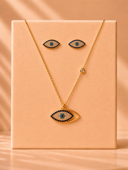 18K Gold Plated Evil Eye CZ Jewelry Set | Anti-Tarnish Necklace & Earrings