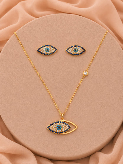 18K Gold Plated Evil Eye CZ Jewelry Set | Anti-Tarnish Necklace & Earrings