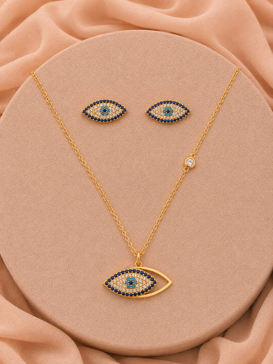 18K Gold Plated Evil Eye CZ Jewelry Set | Anti-Tarnish Necklace & Earrings