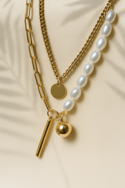 Beach Vacation Layered Necklace – Gold-Plated Pearl Statement Jewelry