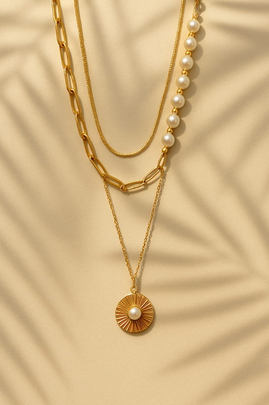 Three Layered Pearl Necklace with Gold Sun Pendant – Beach Vacation Jewelry