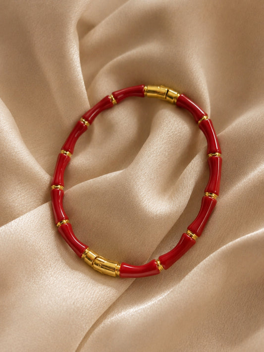 Rose Gold Red Bamboo CZ Bracelet | Anti Tarnish Bangle for Women