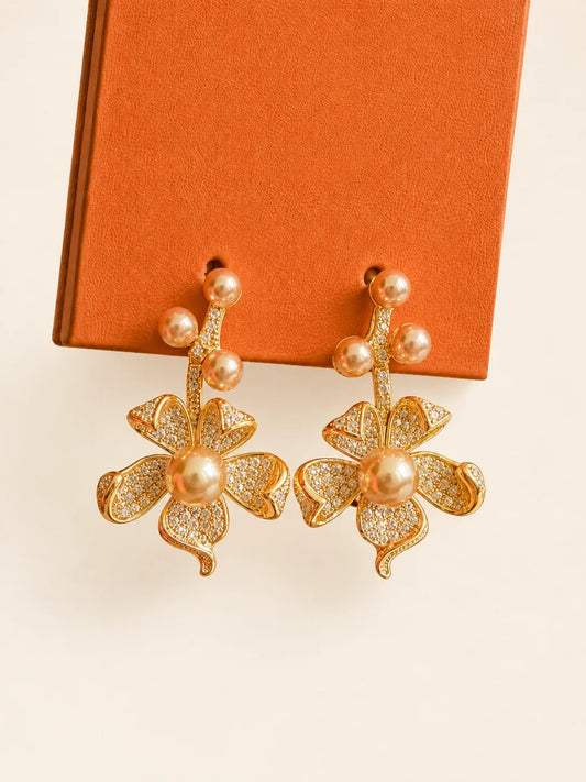 Taupe Floral CZ Drop Earrings | 18K High quality copper