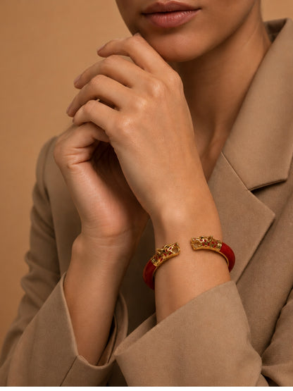 Red Wolf Enamel Gold Kada Bracelet | Anti Tarnish CZ Bangle