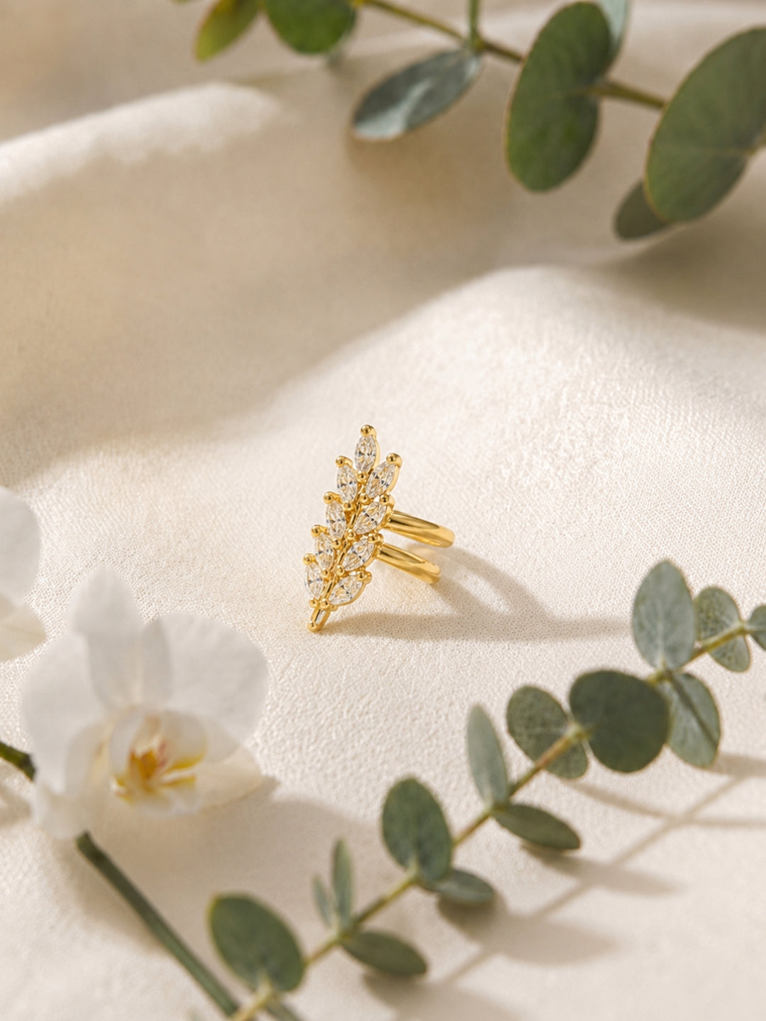 Leaf CZ Ear Cuff Clip Earrings for Women | 18K Gold Plated