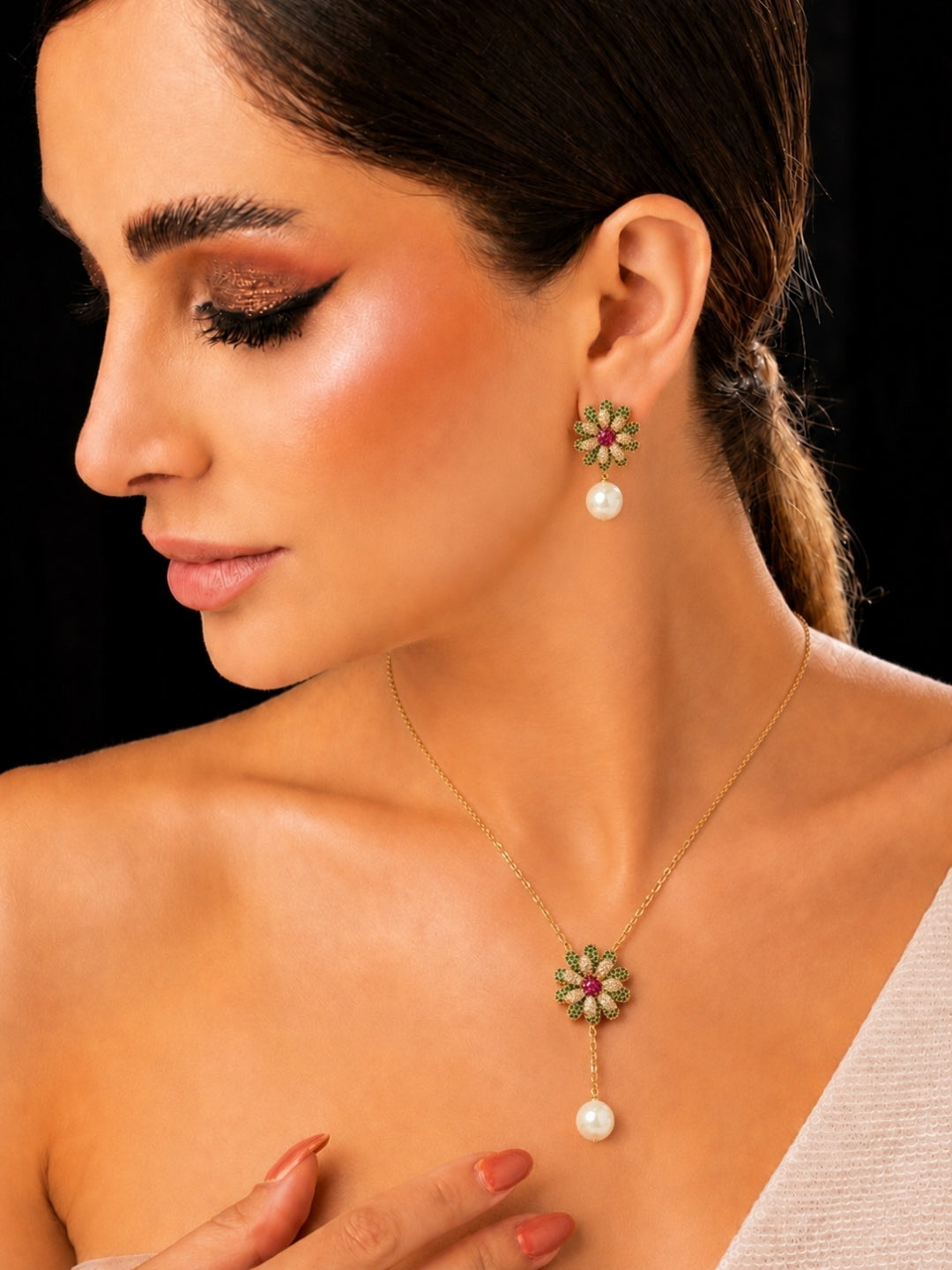 Green Ruby & Pearl Floral CZ Necklace Set | 18K Gold Plated Jewelry