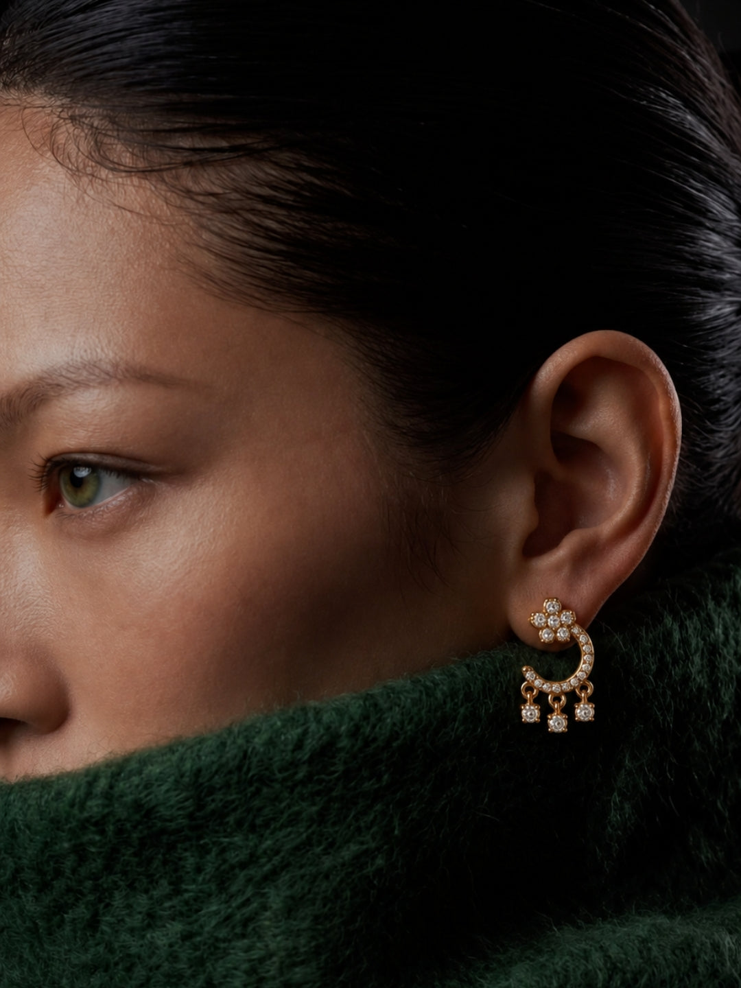 Floral Moon Hanging Stud Earrings