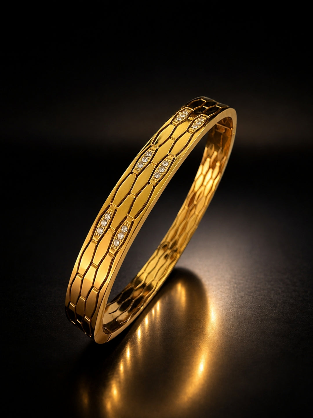 Faceted Honeycomb CZ Bangle — 18K Gold Plated Stainless Steel