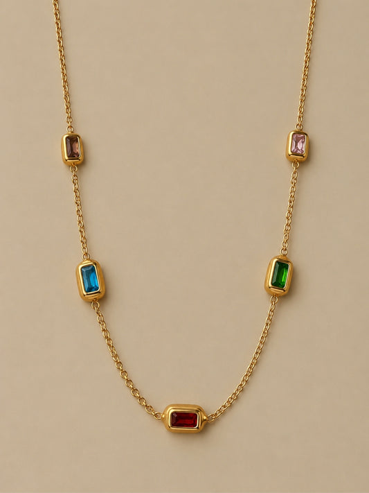 Multi Rectangle Beaded Gold Necklace | CZ Chain Neckpiece