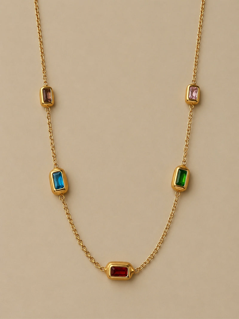 Multi Rectangle Beaded Gold Necklace | CZ Chain Neckpiece