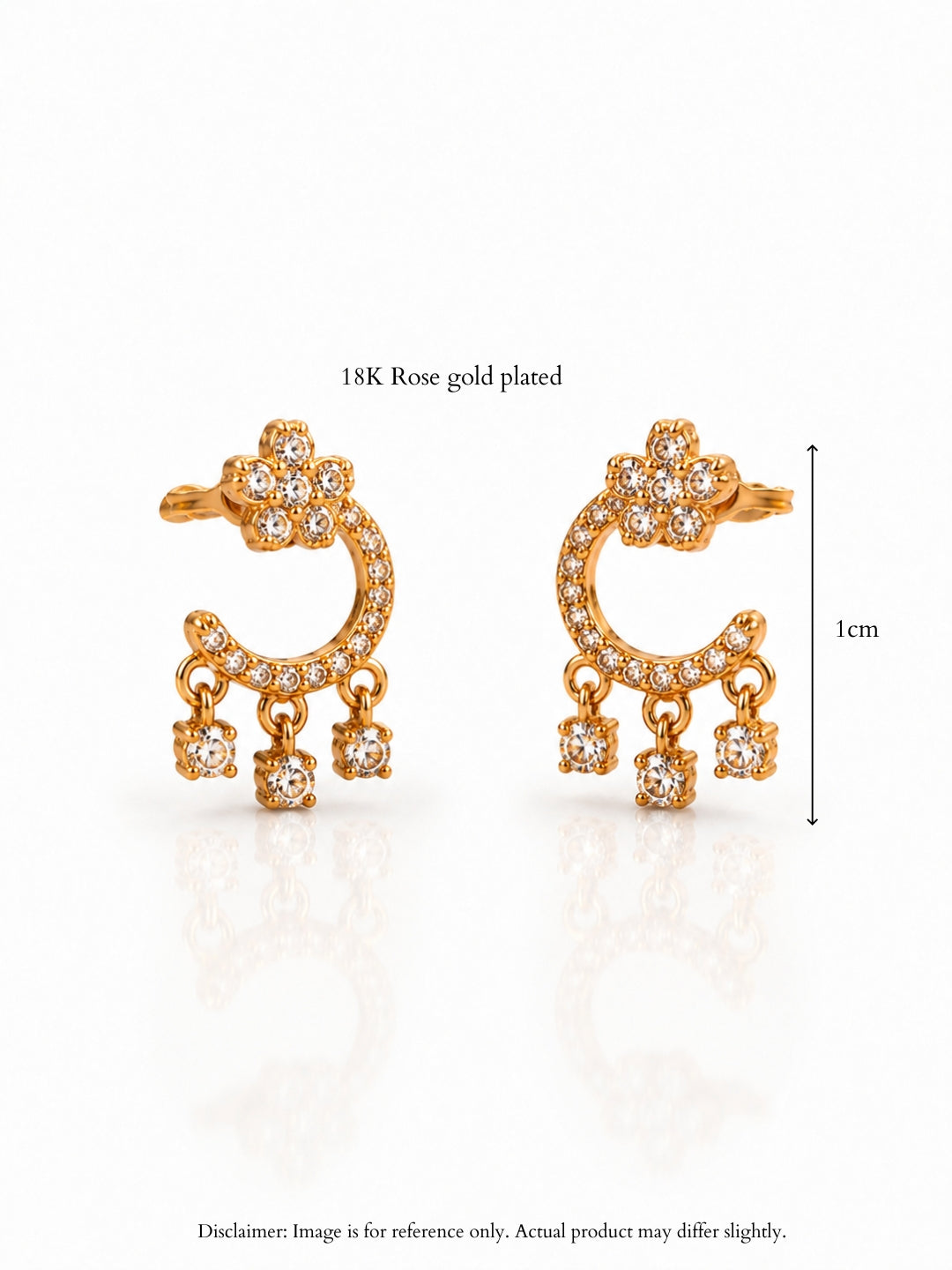 Floral Moon Hanging Stud Earrings – 18KT Rose Gold CZ