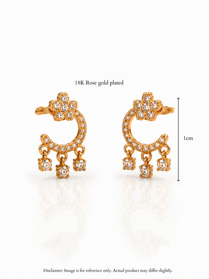 Floral Moon Hanging Stud Earrings – 18KT Rose Gold CZ