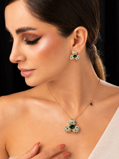 Emerald Floral CZ Jewelry Set in 18K Gold | Necklace & Earrings