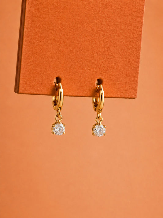18K Rose Gold CZ Solitaire Drop Hoop Earrings | Anti Tarnish Everyday Hoops