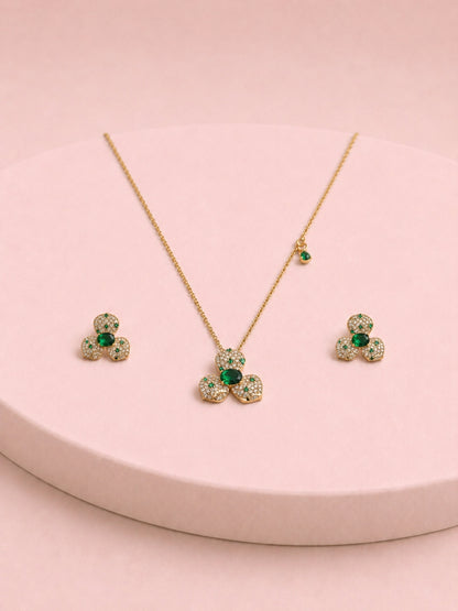 Emerald Floral CZ Jewelry Set in 18K Gold | Necklace & Earrings